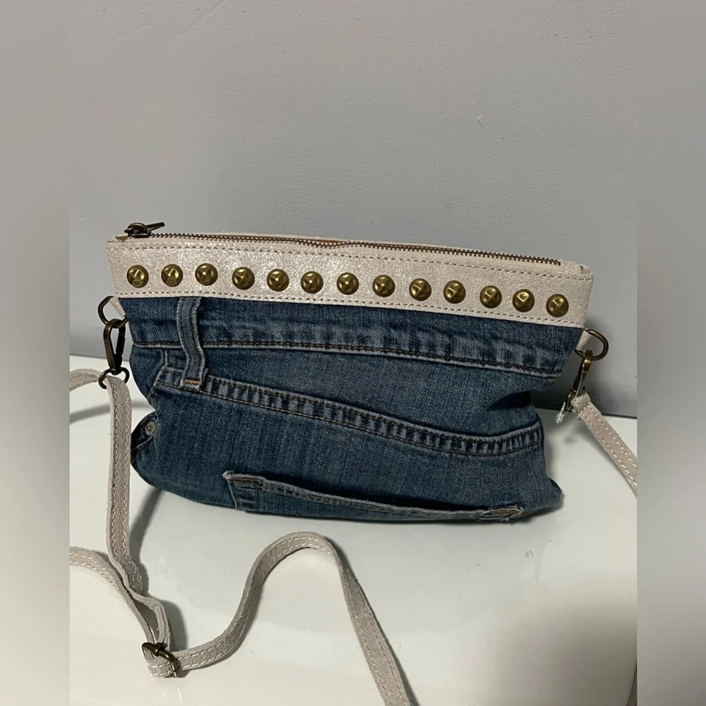 Denim and White Studded Crossbody Bag